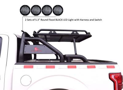 Black Horse Off Road - J | Warrior Roll Bar | Black | Compatible With Most 1/2 Ton Trucks | W/ Set of 5.3” Black Round Flood LED Lights | WRB-001BK-PLFB - Image 2