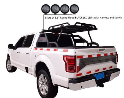 Black Horse Off Road - J | Warrior Roll Bar | Black | Compatible With Most 1/2 Ton Trucks | W/ Set of 5.3” Black Round Flood LED Lights | WRB-001BK-PLFB - Image 6