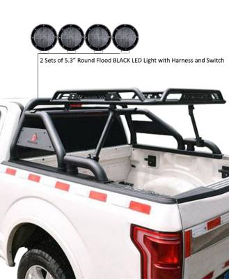 Black Horse Off Road - J | Warrior Roll Bar | Black | Compatible With Most 1/2 Ton Trucks | W/ Set of 5.3” Black Round Flood LED Lights | WRB-001BK-PLFB - Image 7