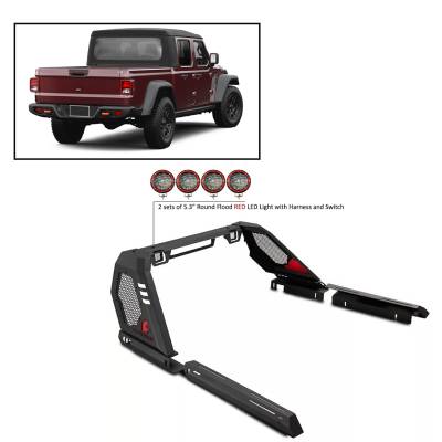 J | Vigor Roll Bar | Black | W/ LED Cube Light & W/ set of 5.3” Red Round Flood LED Lights | VIRB09B-PLFR