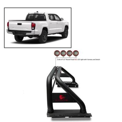 Black Horse Off Road - J | Classic Roll Bar | Black | Tonneau Cover Compatible | with 2 sets of 5.3" Round Flood Red LED Light | RB006BK-PLFR