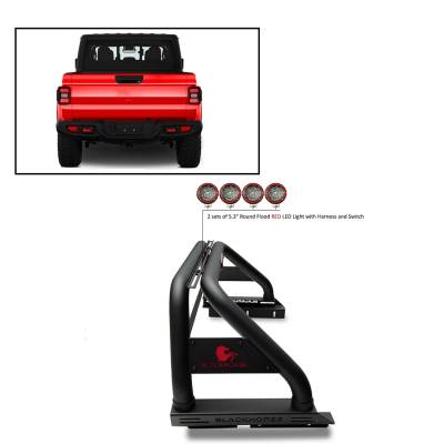 J | Classic Roll Bar | Black | Tonneau Cover Compatible | with 2 sets of 5.3" Round Flood Red LED Light | RB09BK-PLFR
