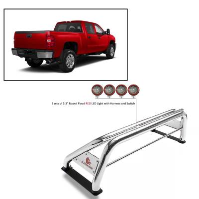 Black Horse Off Road - J | Classic Roll Bar | Stainless Steel | Compatible With Most 1/2 Ton Trucks | with 2 sets of 5.3" Round Flood Red LED Light | RB001SS-PLFR
