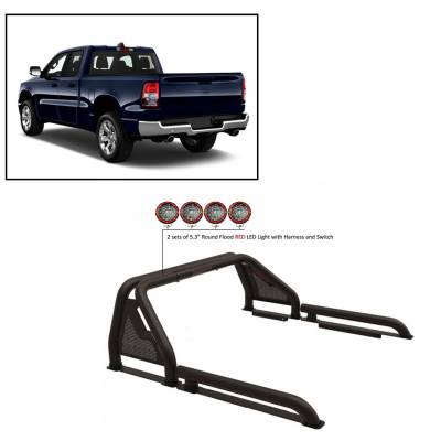 J | Gladiator Roll Bar | Black | Compatible With Most Full Size Trucks | W/ a set of 5.3” Red Round Flood LED Lights | GLRB-01B-PLFR