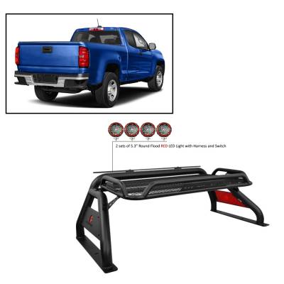 J | Atlas Roll Bar | Black | Compatible With Most 1/2 Ton Trucks | Comes with a set of 5.3” Red Round Flood LED Lights | ATRB-GMCOB-PLFR