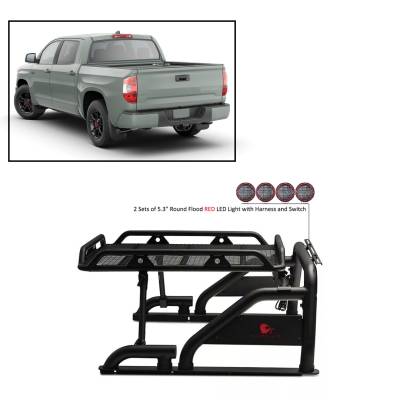 J | Warrior Roll Bar | Black | Compatible With Most 1/2 Ton Trucks | W/ a set of 5.3” Red Round Flood LED Lights | WRB-001BK-PLFR