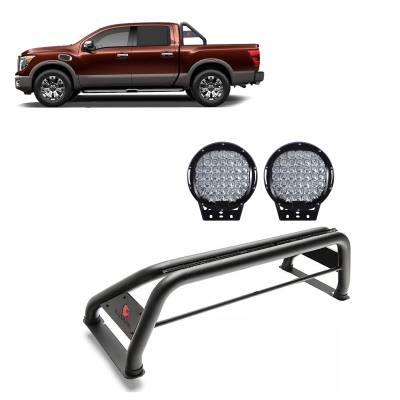 Black Horse Off Road - J | Classic Roll Bar | Black | Compatible With Most 1/2 Ton Trucks | with 1 set of 9"  Round  Black LED Light | RB001BK-PL69B
