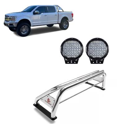 Black Horse Off Road - J | Classic Roll Bar | Stainless Steel | Compatible With Most 1/2 Ton Trucks | with 1 set of 9"  Round  Black LED Light | RB001SS-PL69B