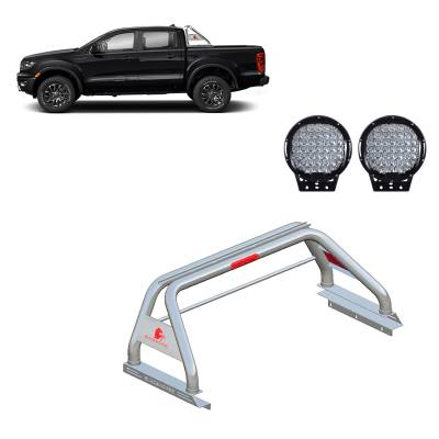 Black Horse Off Road - J | Classic Roll Bar | Stainless Steel | Tonneau Cover Compatible | with 1 set of 9"  Round  Black LED Light | RB09SS-PL69B