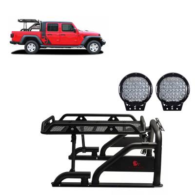 J | Warrior Roll Bar | Black  | W/ Set of 9” Black Round  LED Lights | WRB-009BK-PL69B