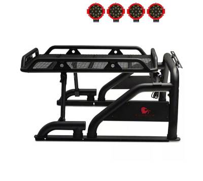 Warrior Roll Bar With 2 pairs of 7.0" Red Trim Rings LED Flood Lights-Black-Silverado/Sierra 14+,Ford F-150 15+,Dodge Ram 15+|Black Horse Off Road