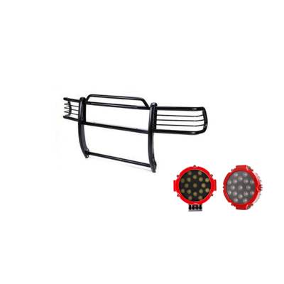 Grille Guard With Set of 7.0" Red Trim Rings LED Flood Lights-Black-Expedition/F-150|Black Horse Off Road