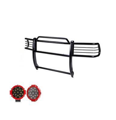 Grille Guard With Set of 7.0" Red Trim Rings LED Flood Lights-Black-Frontier/Xterra|Black Horse Off Road