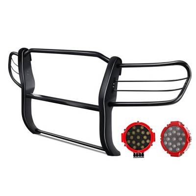 Grille Guard With Set of 7.0" Red Trim Rings LED Flood Lights-Black-1998-2007 Toyota Land Cruiser|Black Horse Off Road