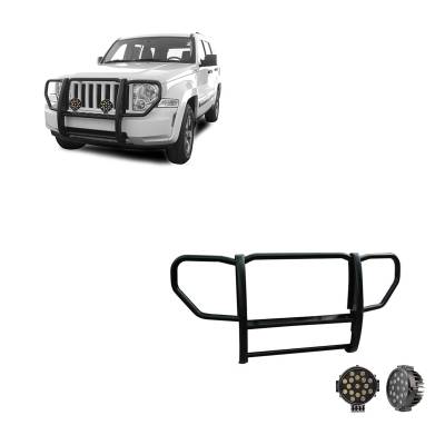 Grille Guard With Set of 7.0" Black Trim Rings LED Flood Lights-Black-2008-2012 Jeep Liberty|Black Horse Off Road
