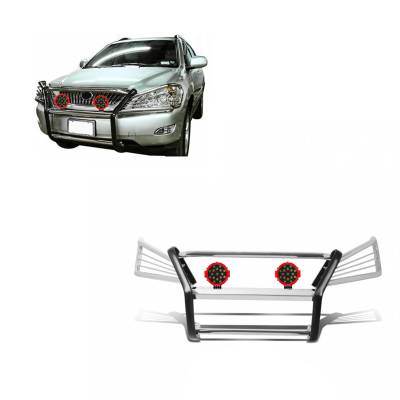Grille Guard With Set of 7.0" Red Trim Rings LED Flood Lights-Stainless Steel-RX330/RX350|Black Horse Off Road
