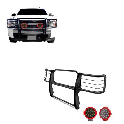 Grille Guard With Set of 7.0" Red Trim Rings LED Flood Lights-Black-2014-2018 Chevrolet Silverado 1500|Black Horse Off Road