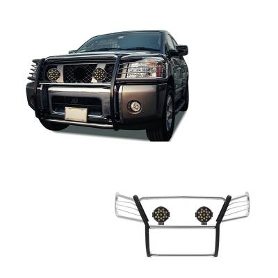 Grille Guard With Set of 7.0" Black Trim Rings LED Flood Lights-Stainless Steel-Armada/Titan/Titan|Black Horse Off Road