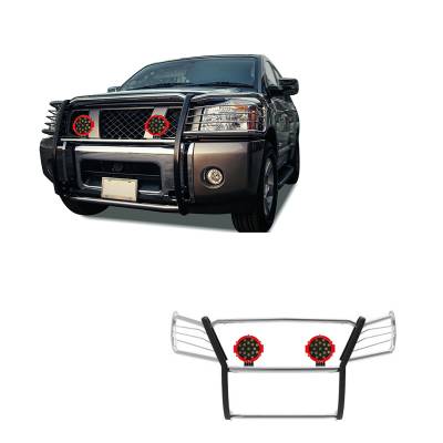 Grille Guard With Set of 7.0" Red Trim Rings LED Flood Lights-Stainless Steel-Armada/Titan/Titan|Black Horse Off Road