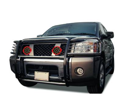 Grille Guard With Set of 7.0" Red Trim Rings LED Flood Lights-Stainless Steel-Armada/Titan/Titan|Black Horse Off Road