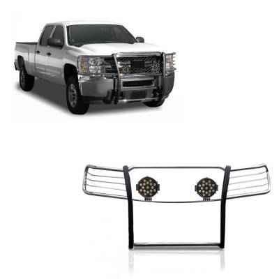 Grille Guard With Set of 7.0" Black Trim Rings LED Flood Lights-Stainless Steel-2007-2013 Chevrolet Silverado 1500|Black Horse Off Road
