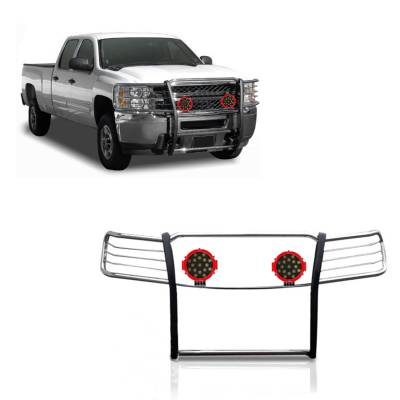 Grille Guard With Set of 7.0" Red Trim Rings LED Flood Lights-Stainless Steel-2007-2013 Chevrolet Silverado 1500|Black Horse Off Road