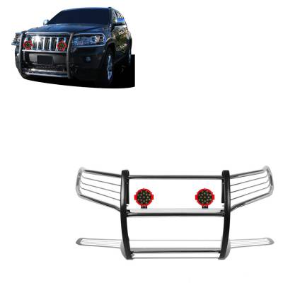 Grille Guard With Set of 7.0" Red Trim Rings LED Flood Lights-Stainless Steel-2011-2021 Jeep Grand Cherokee|Black Horse Off Road