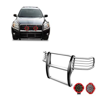 Grille Guard With Set of 7.0" Red Trim Rings LED Flood Lights-Stainless Steel-2006-2018 Toyota RAV4|Black Horse Off Road