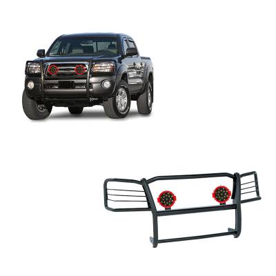 Grille Guard With Set of 7.0" Red Trim Rings LED Flood Lights-Black-2005-2015 Toyota Tacoma|Black Horse Off Road