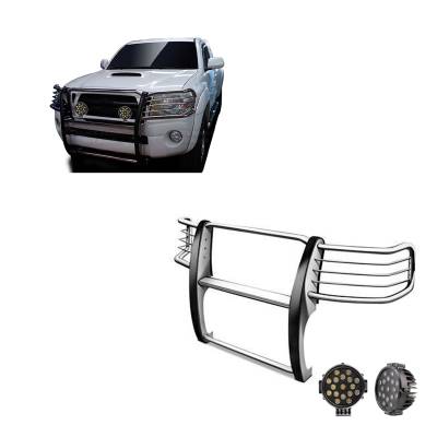 Grille Guard With Set of 7.0" Black Trim Rings LED Flood Lights-Stainless Steel-2005-2015 Toyota Tacoma|Black Horse Off Road