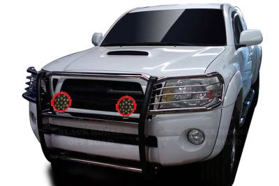 Grille Guard With Set of 7.0" Red Trim Rings LED Flood Lights-Stainless Steel-2005-2015 Toyota Tacoma|Black Horse Off Road