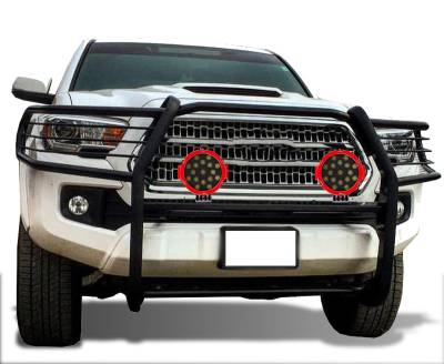Grille Guard With Set of 7.0" Red Trim Rings LED Flood Lights-Black-2016-2023 Toyota Tacoma|Black Horse Off Road