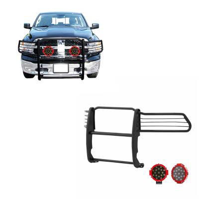 Grille Guard With Set of 7.0" Red Trim Rings LED Flood Lights-Black-Ram 1500/1500/1500 Classic|Black Horse Off Road