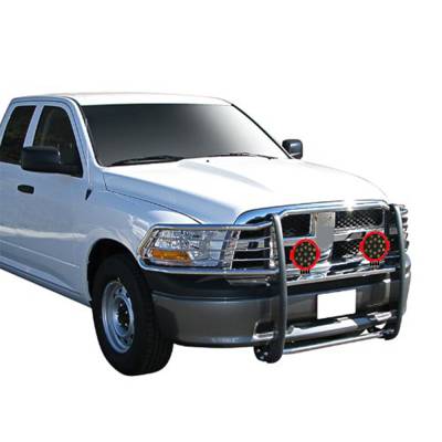 Grille Guard With Set of 7.0" Red Trim Rings LED Flood Lights-Stainless Steel-Ram 1500/1500/1500 Classic|Black Horse Off Road