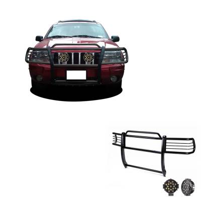 Grille Guard With Set of 7.0" Black Trim Rings LED Flood Lights-Black-1999-2004 Jeep Grand Cherokee|Black Horse Off Road