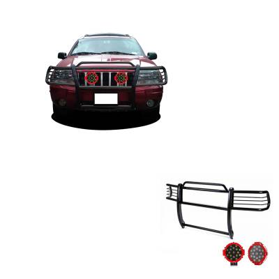 Grille Guard With Set of 7.0" Red Trim Rings LED Flood Lights-Black-1999-2004 Jeep Grand Cherokee|Black Horse Off Road