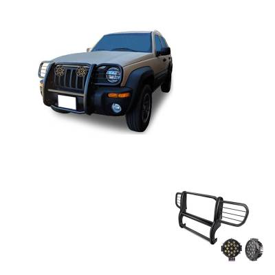 Grille Guard With Set of 7.0" Black Trim Rings LED Flood Lights-Black-2002-2007 Jeep Liberty|Black Horse Off Road