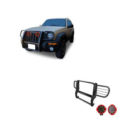 Grille Guard With Set of 7.0" Red Trim Rings LED Flood Lights-Black-2002-2007 Jeep Liberty|Black Horse Off Road