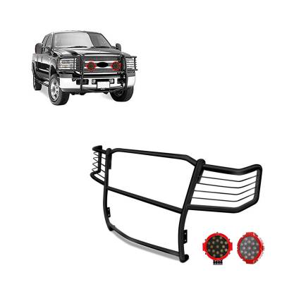 Grille Guard With Set of 7.0" Red Trim Rings LED Flood Lights-Black-F-250/F-350/F-450/F-550 SD|Black Horse Off Road