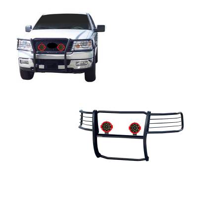 Grille Guard With Set of 7.0" Red Trim Rings LED Flood Lights-Black-2004-2008 Ford F-150|Black Horse Off Road