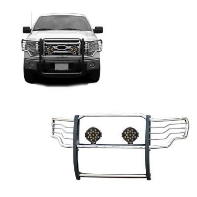Grille Guard With Set of 7.0" Black Trim Rings LED Flood Lights-Stainless Steel-2009-2014 Ford F-150|Black Horse Off Road