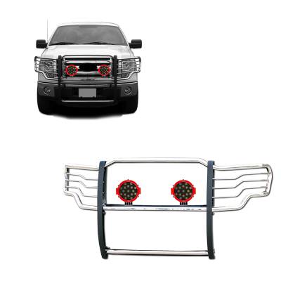 Grille Guard With Set of 7.0" Red Trim Rings LED Flood Lights-Stainless Steel-2009-2014 Ford F-150|Black Horse Off Road