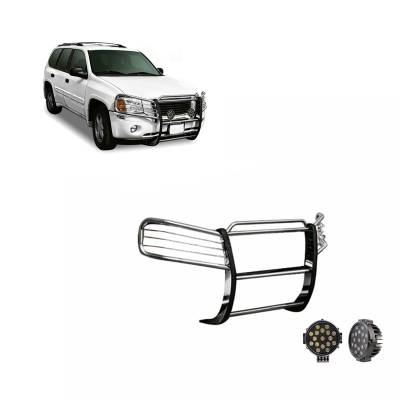 Grille Guard With Set of 7.0" Black Trim Rings LED Flood Lights-Stainless Steel-2002-2009 GMC Envoy|Black Horse Off Road