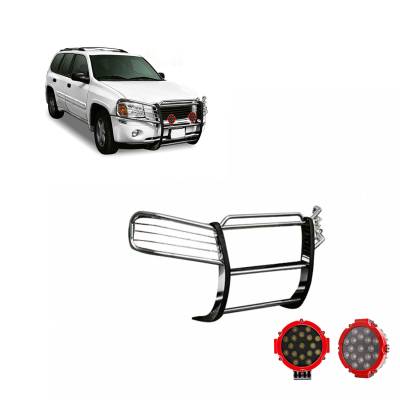 Grille Guard With Set of 7.0" Red Trim Rings LED Flood Lights-Stainless Steel-2002-2009 GMC Envoy|Black Horse Off Road