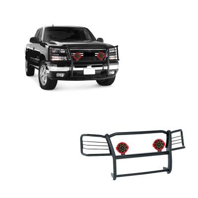 Grille Guard With Set of 7.0" Red Trim Rings LED Flood Lights-Black-Silverado 1500/Silverado 1500 HD Classic|Black Horse Off Road