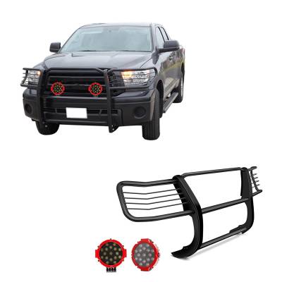 Grille Guard With Set of 7.0" Red Trim Rings LED Flood Lights-Black-2004-2006 Toyota Tundra|Black Horse Off Road