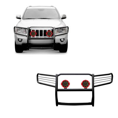 Grille Guard With Set of 7.0" Red Trim Rings LED Flood Lights-Black-2005-2010 Jeep Grand Cherokee|Black Horse Off Road