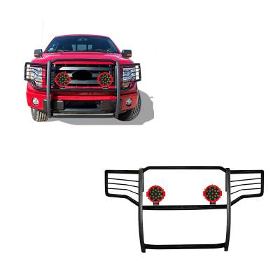 Grille Guard With Set of 7.0" Red Trim Rings LED Flood Lights-Black-2009-2014 Ford F-150|Black Horse Off Road