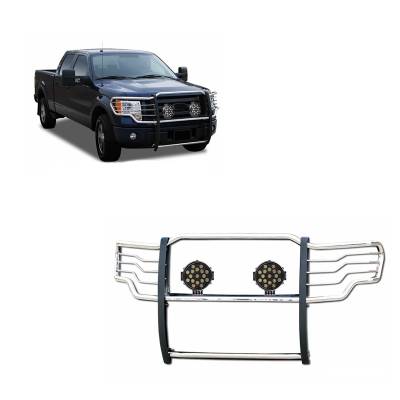 Grille Guard With Set of 7.0" Black Trim Rings LED Flood Lights-Stainless Steel-2015-2023 Ford F-150|Black Horse Off Road
