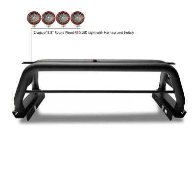 Black Horse Off Road - Classic Roll Bar With 2 Sets of 5.3" Red Trim Rings LED Flood Lights-Black-Colorado/Canyon|Black Horse Off Road - Image 4